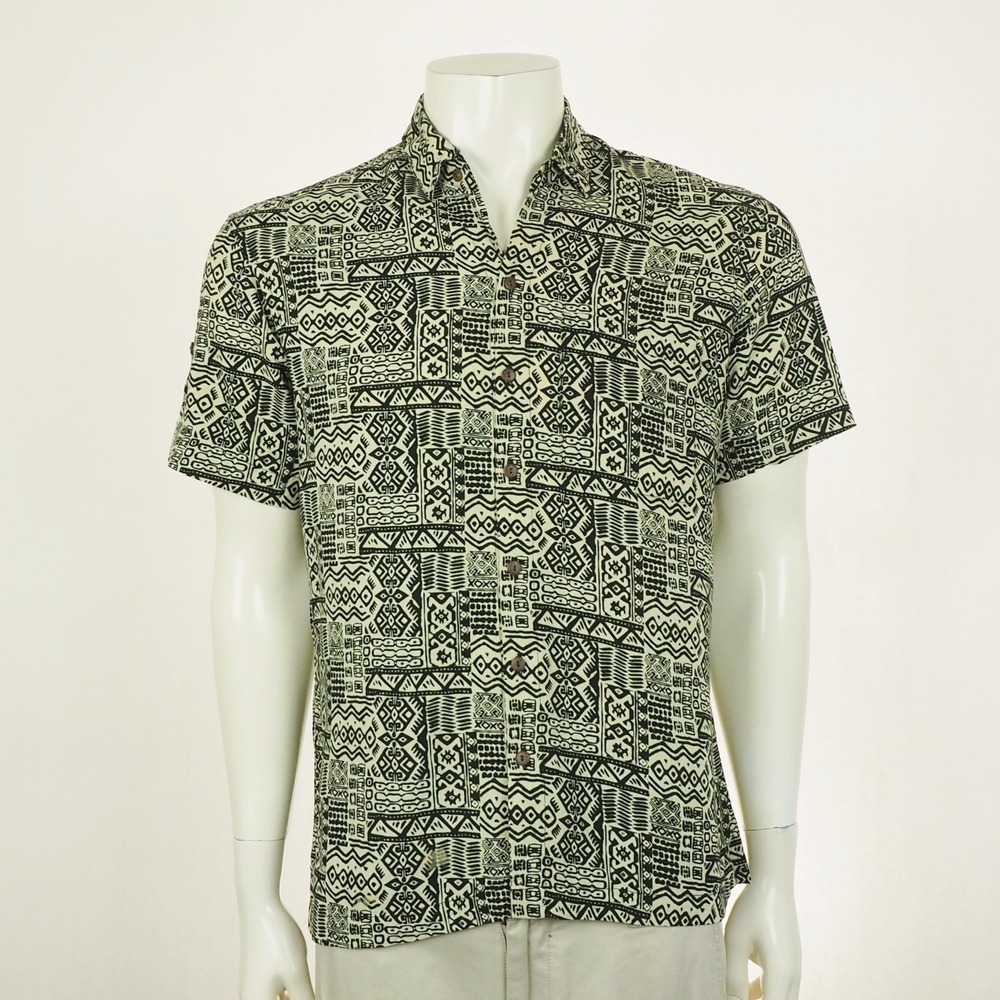 Kenny Flowers Limited Edition Hawaiian Shirt Mens Medium Beige Tribal Polynesian